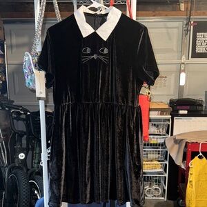 LAZY OAF Black Velvet Babydoll Cat Dress with White Collar